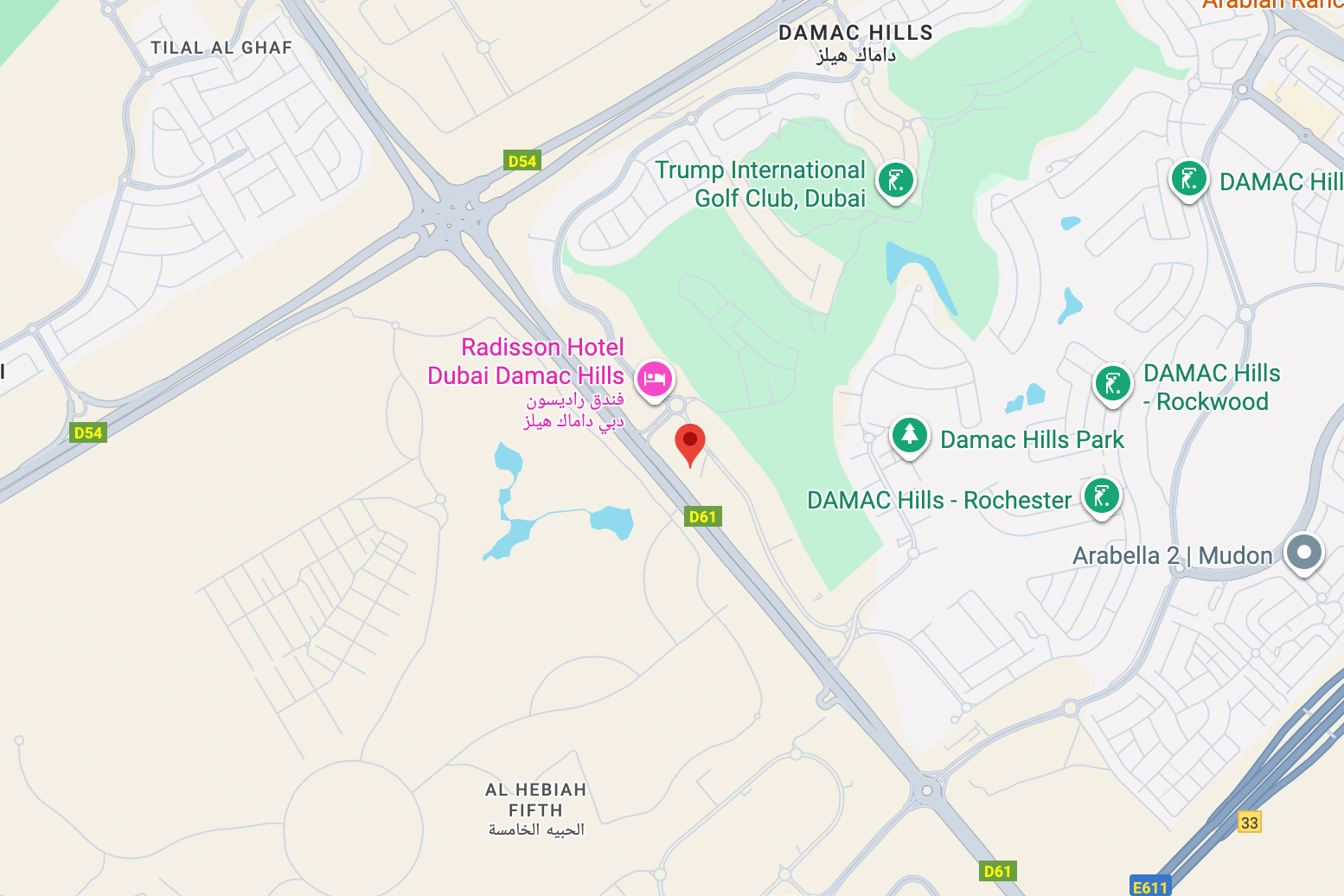 Map of Dubai showing Damac Hills and surrounding areas